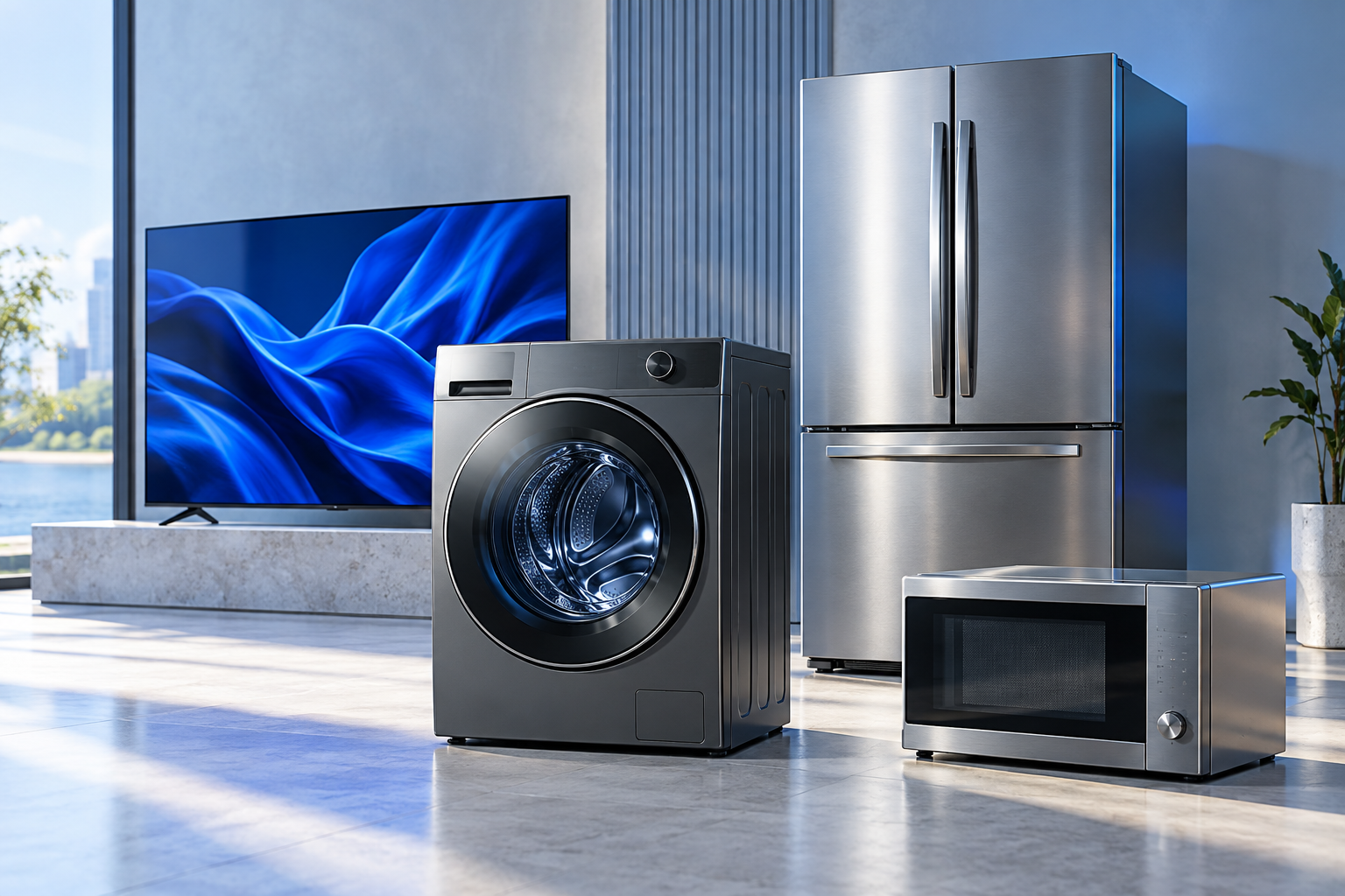 Composição ilustrativa de televisor, lavadora, refrigerador e micro-ondas